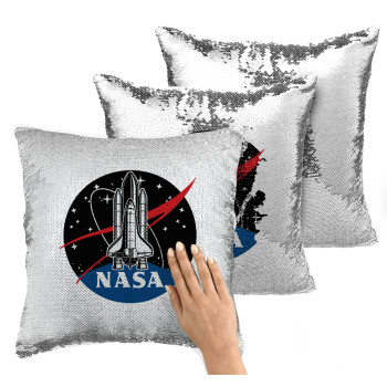 NASA Badge, Μαξιλάρι καναπέ Μαγικό Ασημένιο με πούλιες 40x40cm περιέχεται το γέμισμα