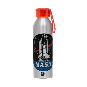 NASA Badge, Αλουμινένιο Αθλητικό Μπουκάλι 650ml – Ασημί με Κόκκινο Καπάκι και Λουράκι Σιλικόνης