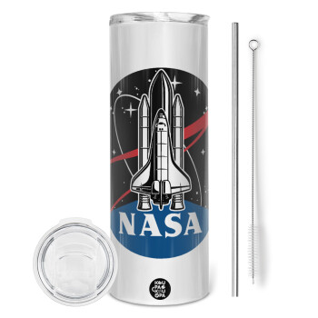 NASA Badge, Eco friendly ποτήρι θερμό (tumbler) από ανοξείδωτο ατσάλι 600ml, με μεταλλικό καλαμάκι & βούρτσα καθαρισμού