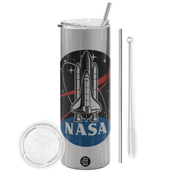 NASA Badge, Eco friendly ποτήρι θερμό Ασημένιο (tumbler) από ανοξείδωτο ατσάλι 600ml, με μεταλλικό καλαμάκι & βούρτσα καθαρισμού