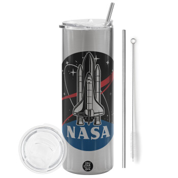 NASA Badge, Tumbler stainless steel Silver 600ml, with metal straw & cleaning brush