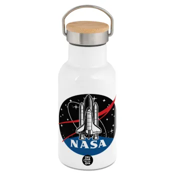 NASA Badge, Μεταλλικό παγούρι θερμός (Stainless steel) Λευκό με ξύλινο καπακι (bamboo), διπλού τοιχώματος, 350ml