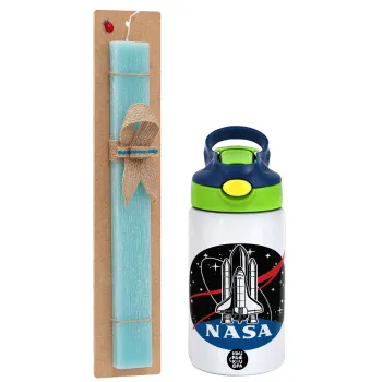 NASA Badge, Easter Set, Children's thermal stainless steel bottle with safety straw, green/blue (350ml) & aromatic flat Easter candle (30cm) (TURQUOISE)