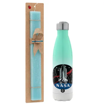 NASA Badge, Easter Set, Metallic green/white thermos (Stainless steel), double-walled, 500ml & scented flat Easter candle (30cm) (TURQUOISE)