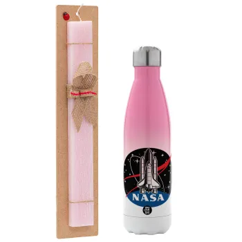 NASA Badge, Easter Set, Metallic pink/white (Stainless steel) thermos, double-walled, 500ml & aromatic flat Easter candle (30cm) (PINK)