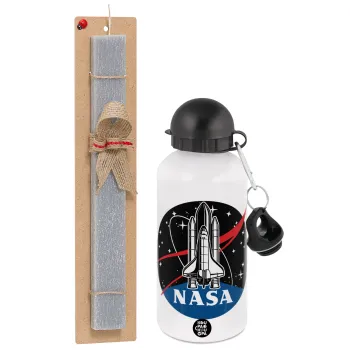 NASA Badge, Πασχαλινή Λαμπάδα με παγούρι μεταλλικό  αλουμινίου (500ml) & κερί αρωματικό πλακέ (30cm) (ΓΚΡΙ)