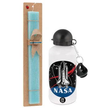 NASA Badge, Πασχαλινή Λαμπάδα με παγούρι μεταλλικό αλουμινίου (500ml) & λαμπάδα αρωματική πλακέ (30cm) (ΤΙΡΚΟΥΑΖ)