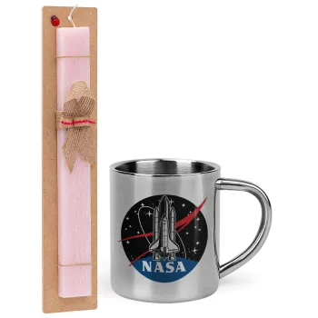 NASA Badge, Easter Set, metallic thermal cup (300ml) & aromatic flat Easter candle (30cm) (PINK)