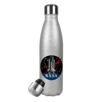 NASA Badge, Μεταλλικό παγούρι θερμός Glitter Aσημένιο (Stainless steel), διπλού τοιχώματος, 500ml