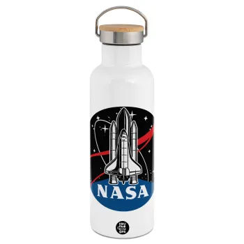NASA Badge, Μεταλλικό παγούρι θερμός (Stainless steel) Λευκό με ξύλινο καπάκι (bamboo), διπλού τοιχώματος, 750ml