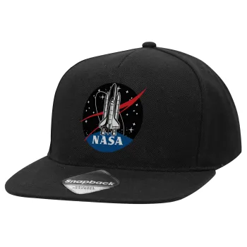 NASA Badge, Adult Flat Snapback Hat Black, (100% COTTON TWILL, ADULT, UNISEX, ONE SIZE)