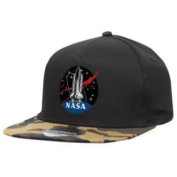NASA Badge, Adult Flat Snapback Hat Black/Camouflage, (100% COTTON TWILL, ADULT, UNISEX, ONE SIZE)