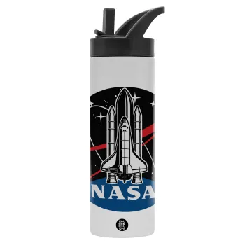 NASA Badge, Metallic thermos bottle with straw & handle, stainless steel (Stainless steel 304), double-walled, 600ml.