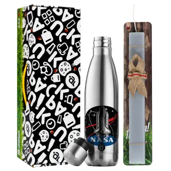 NASA Badge, Easter Set, metallic stainless thermos flask (500ml) & scented flat Easter candle (30cm) (GRAY)