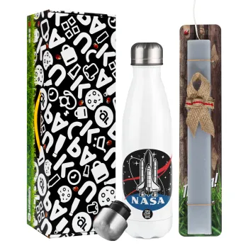 NASA Badge, Easter candle, metallic white thermos bottle (500ml) & aromatic flat candle (30cm) (GRAY)