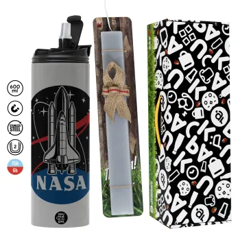NASA Badge, Πασχαλινή Λαμπάδα με Travel Tumbler θερμό (600ml, BPA free) & κερί αρωματικό πλακέ (30cm) (ΓΚΡΙ)