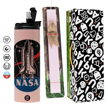 NASA Badge, Πασχαλινή Λαμπάδα με  ΡΟΖ Travel Tumbler θερμό (600ml, BPA free) & κερί αρωματικό πλακέ (30cm) (ΡΟΖ)