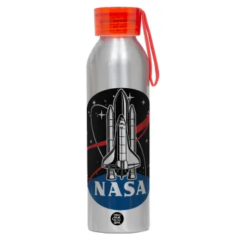 NASA Badge, Αλουμινένιο Αθλητικό Μπουκάλι 650ml – Ασημί με Κόκκινο Καπάκι και Λουράκι Σιλικόνης