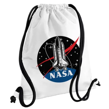 NASA Badge, Τσάντα πλάτης πουγκί GYMBAG λευκή, με τσέπη (40x48cm) & χονδρά κορδόνια