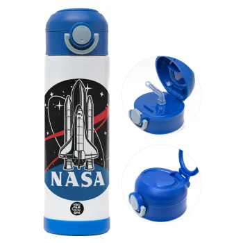 NASA Badge, Παιδικό παγούρι θερμό, ανοξείδωτο, με καλαμάκι ασφαλείας, ΜΠΛΕ (500ml)