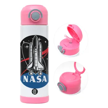NASA Badge, Παιδικό παγούρι θερμό, ανοξείδωτο, με καλαμάκι ασφαλείας, ΡΟΖ (500ml)
