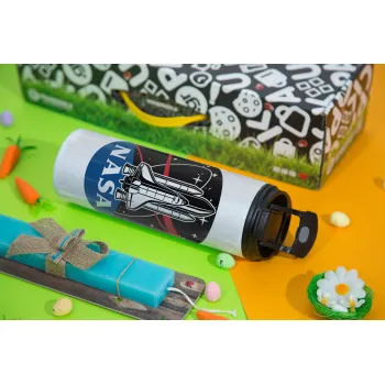 NASA Badge, Easter candle,Travel Tumbler 2 Lids, with metal straw & cleaning brush & aromatic flat candle (30cm) (BLUE)