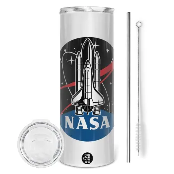 NASA Badge, Tumbler ποτήρι θερμό από ανοξείδωτο ατσάλι 600ml, με μεταλλικό καλαμάκι & βούρτσα καθαρισμού