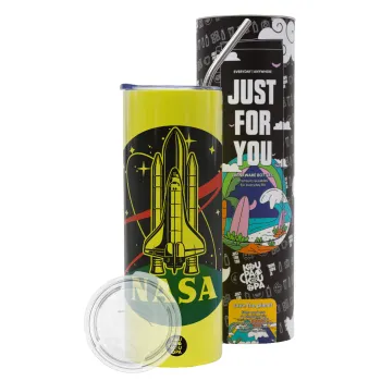 NASA Badge, Neon Yellow Travel Tumbler θερμό, μεταλλικό καλαμάκι(Ανωξείδωτο 304 Food grade, BPA free, 600ml)