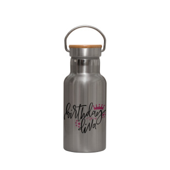 Birthday Diva queen, Stainless steel metallic thermos flask, silver with a bamboo lid, double-walled, 350ml.