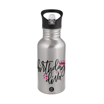 Birthday Diva queen, Water bottle Silver with straw, stainless steel 500ml