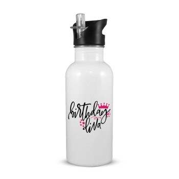 Birthday Diva queen, White water bottle with straw, stainless steel 600ml