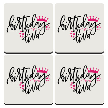 Birthday Diva queen, ΣΕΤ 4 Σουβέρ ξύλινα τετράγωνα (9cm)