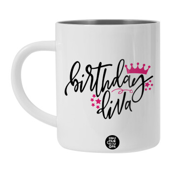 Birthday Diva queen, Λευκή Ανοξείδωτη Μεταλλική Κούπα 450ml - Διπλού Τοιχώματος 