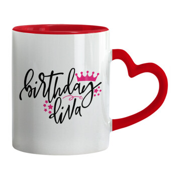 Birthday Diva queen, Mug heart red handle, ceramic, 330ml