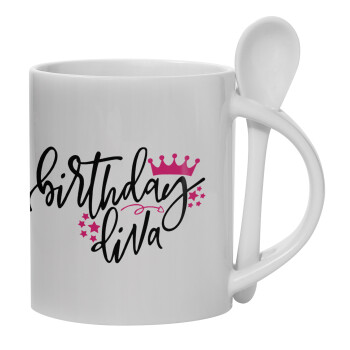Birthday Diva queen, Ceramic coffee mug with Spoon, 330ml (1pcs)