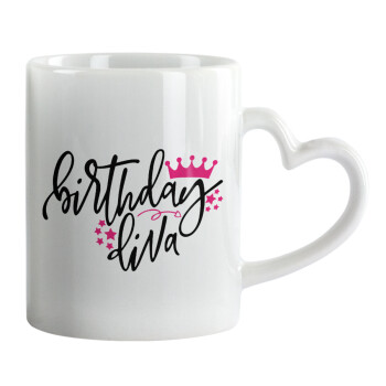 Birthday Diva queen, Mug heart handle, ceramic, 330ml