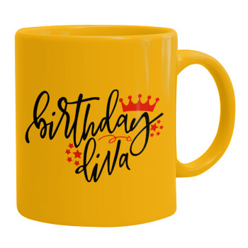 Birthday Diva queen, Ceramic coffee mug yellow, 330ml (1pcs)