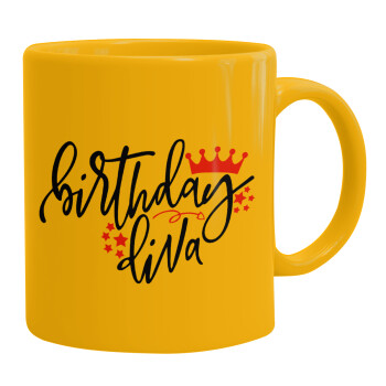 Birthday Diva queen, Ceramic coffee mug yellow, 330ml