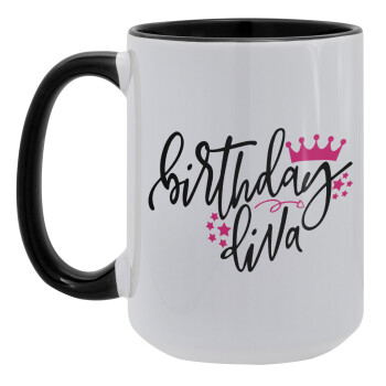 Birthday Diva queen, Κούπα Mega 15oz, κεραμική Μαύρη, 450ml
