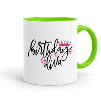 Birthday Diva queen, Mug colored light green, ceramic, 330ml