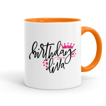 Birthday Diva queen, Κούπα χρωματιστή πορτοκαλί, κεραμική, 330ml