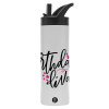 Metallic thermos bottle with straw & handle, stainless steel (Stainless steel 304), double-walled, 600ml.