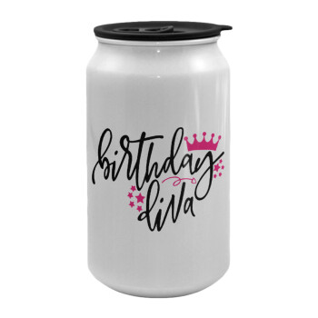 Birthday Diva queen, Κούπα ταξιδιού μεταλλική με καπάκι (tin-can) 500ml