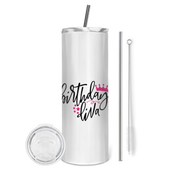 Birthday Diva queen, Eco friendly stainless steel tumbler 600ml, with metal straw & cleaning brush