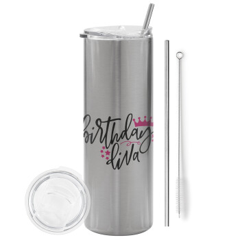 Birthday Diva queen, Eco friendly stainless steel Silver tumbler 600ml, with metal straw & cleaning brush