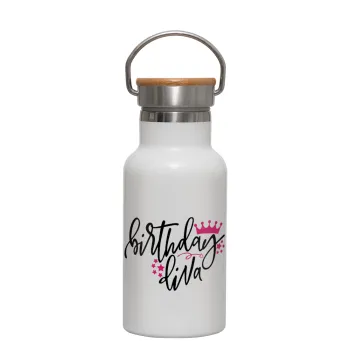 Birthday Diva queen, Metallic thermos (Stainless steel) White with wooden lid (bamboo), double-walled, 350ml