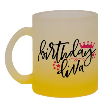 Birthday Diva queen, Κούπα γυάλινη δίχρωμη με βάση το κίτρινο ματ, 330ml
