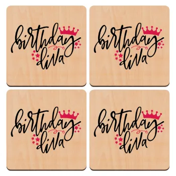 Birthday Diva queen, ΣΕΤ x4 Σουβέρ ξύλινα τετράγωνα plywood (9cm)