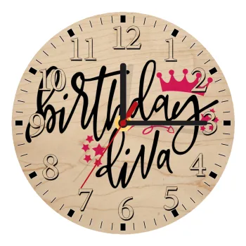 Birthday Diva queen, Ρολόι τοίχου ξύλινο plywood (20cm)