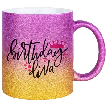 Birthday Diva queen, Κούπα Χρυσή/Ροζ Glitter, κεραμική, 330ml
